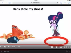 Size: 1024x768 | Tagged: safe, banned from derpibooru, deleted from derpibooru, derpibooru import, screencap, sci-twi, twilight sparkle, equestria girls, friendship games, circle, clothes, finding dory, ms paint, shoes, stole my shoes, text, wat, youtube