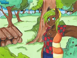 Size: 1024x767 | Tagged: suggestive, artist:ponebooth, banned from derpibooru, deleted from derpibooru, derpibooru import, oc, unofficial characters only, anthro, earth pony, anthro oc, big breasts, breasts, cleavage, clothes, female, forest, looking at you, selfie, shirt, smiling, solo, solo female, traditional art