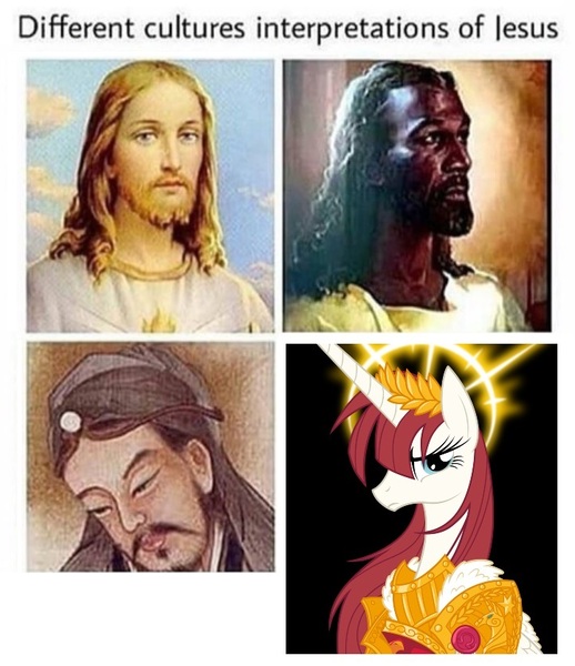 Size: 722x837 | Tagged: safe, artist:equestria-prevails, banned from derpibooru, deleted from derpibooru, derpibooru import, oc, oc:fausticorn, alicorn, crossover, different cultures' interpretations of jesus, god empress of ponykind, jesus christ, lauren faust, warhammer 40k, warhammer (game)