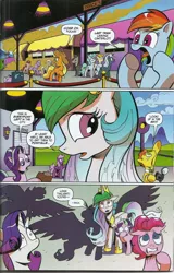 Size: 1972x3079 | Tagged: safe, artist:andypriceart, banned from derpibooru, deleted from derpibooru, derpibooru import, idw, applejack, cheerilee, observer (character), pinkie pie, princess celestia, rainbow dash, rarity, starlight glimmer, spoiler:comic49, railroad signal, shocked, train, train station