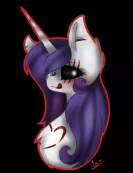 Size: 1096x1429 | Tagged: grimdark, artist:mimihappy99, banned from derpibooru, deleted from derpibooru, derpibooru import, rarity, lil-miss rarity, black background, black sclera, bust, heterochromia, licking, licking lips, simple background, solo, tongue out