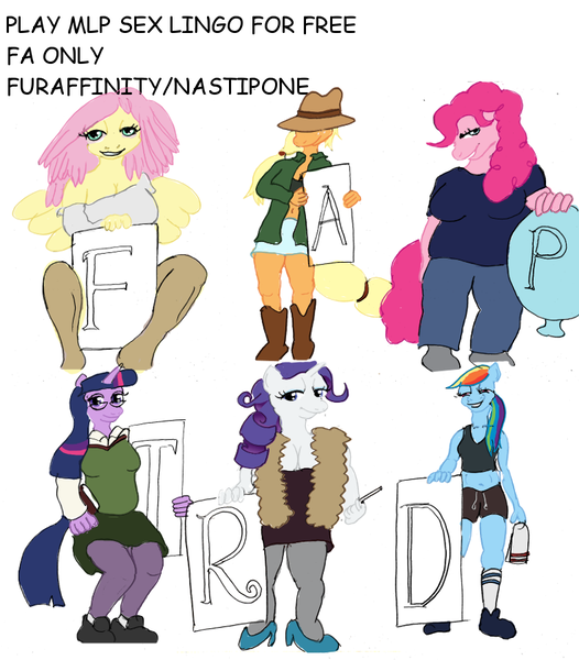 Size: 789x900 | Tagged: questionable, artist:nastipone, banned from derpibooru, deleted from derpibooru, derpibooru import, applejack, fluttershy, pinkie pie, rainbow dash, rarity, twilight sparkle, anthro, 1000 hours in ms paint, advertisement, bbw, book, boots, clothes, dreadlocks, fat, flutterhigh, game, giveaway, glasses, hat, high, mane six, ms paint, pantyhose, shoes