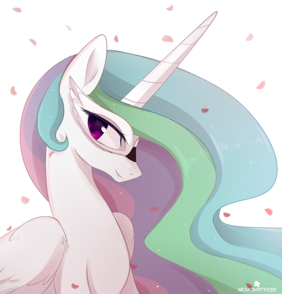 Size: 1280x1334 | Tagged: dead source, safe, artist:verawitch, banned from derpibooru, deleted from derpibooru, derpibooru import, princess celestia, alicorn, pony, bust, colored pupils, female, flower petals, looking at you, mare, mask, portrait, simple background, smiling, solo, white background