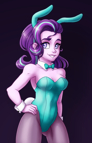 Size: 800x1236 | Tagged: suggestive, artist:ashleynicholsart, banned from derpibooru, deleted from derpibooru, derpibooru import, starlight glimmer, equestria girls, bowtie, breasts, bunny ears, bunny suit, busty starlight glimmer, cleavage, clothes, equestria girls-ified, female, hand on hip, leotard, pantyhose, playboy, playboy bunny, smiling, solo, solo female, underass