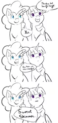 Size: 1296x2747 | Tagged: safe, artist:druggyderp, banned from derpibooru, deleted from derpibooru, derpibooru import, pinkie pie, twilight sparkle, alicorn, clothes, comic, implied lesbian, implied shipping, implied sunsetpie, implied sunsetsparkle, partial color, scarf, tumblr, twilight sparkle (alicorn)