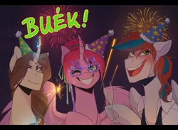 Size: 1280x939 | Tagged: safe, artist:harmoniousrain, banned from derpibooru, deleted from derpibooru, derpibooru import, oc, oc:golden pen, oc:sweetheart, oc:twilight star, unofficial characters only, alcohol, champagne, fireworks, glasses, happy new year, hat, holiday, hungarian, party hat