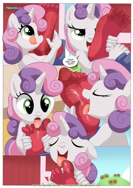 Size: 1024x1447 | Tagged: questionable, artist:bbmbbf, banned from derpibooru, deleted from derpibooru, derpibooru import, big macintosh, sweetie belle, anthro, plantigrade anthro, equestria untamed, barefoot, be my special somepony, comic, dirty, feet, female, fetish, foot fetish, foot worship, licking, licking foot, licking lips, lolicon, male, male feet, nudity, palcomix, smelly, straight, tongue out, underage