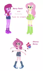 Size: 774x1280 | Tagged: safe, artist:berrypunchrules, banned from derpibooru, deleted from derpibooru, derpibooru import, berry punch, berryshine, fluttershy, oc, oc:sherry berry, equestria girls, boots, clothes, equestria girls-ified, food, fusion, grapes, high heel boots, high heels, multiple arms, shoes, simple background, skirt, socks, strawberry, white background