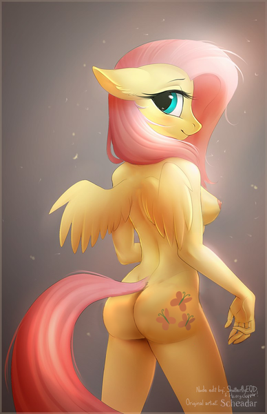 Size: 776x1200 | Tagged: questionable, artist:harryclopper, artist:scheadar, artist:shutterflyeqd, banned from derpibooru, deleted from derpibooru, derpibooru import, edit, fluttershy, anthro, pegasus, ass, back, breasts, butt, casual nudity, cute, female, flutterbutt, image, looking at you, looking back, looking back at you, nipples, nude edit, nudity, png, rear view, shyabetes, sideboob, solo, solo female