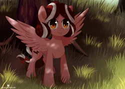 Size: 1280x912 | Tagged: safe, artist:verawitch, banned from derpibooru, deleted from derpibooru, derpibooru import, oc, oc:cherry blossom, unofficial characters only, pegasus, pony, cute, female, grass, mare, ocbetes, shade, smiling, solo, spread wings, tree, wings