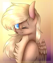 Size: 3850x4541 | Tagged: safe, artist:popcornhorns, banned from derpibooru, deleted from derpibooru, derpibooru import, oc, oc:breadwolf, unofficial characters only, pegasus, pony, absurd resolution, bust, chest fluff, colored pupils, crepuscular rays, female, gradient background, mare, one eye closed, solo, speckled, wink