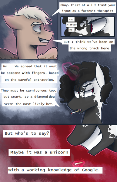 Size: 818x1273 | Tagged: semi-grimdark, artist:charlie-bad-touch, banned from derpibooru, deleted from derpibooru, derpibooru import, oc, oc:heart breaker, oc:home wrecker, oc:left smoking changeling, unofficial characters only, pegasus, pony, unicorn, cigarette, comic, curly hair, smoking