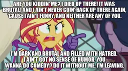 Size: 888x499 | Tagged: safe, banned from derpibooru, deleted from derpibooru, derpibooru import, screencap, sci-twi, sunset shimmer, twilight sparkle, angry, caption, exploitable meme, image macro, meme, metalocalypse, sunset yells at twilight, text