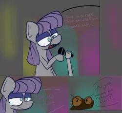 Size: 1629x1512 | Tagged: safe, artist:booker-the-dewitt, banned from derpibooru, deleted from derpibooru, derpibooru import, maud pie, angry, comic, crying, dialogue, lidded eyes, microphone, offended, open mouth, rock, sketch, stand-up comedy