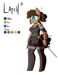Size: 2000x2588 | Tagged: safe, artist:belaboy, banned from derpibooru, deleted from derpibooru, derpibooru import, oc, oc:latch, unofficial characters only, anthro, earth pony, armor, female, image, png, reference sheet, solo, sword, weapon