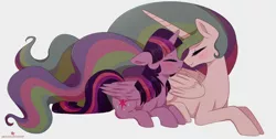 Size: 2256x1134 | Tagged: safe, artist:verawitch, banned from derpibooru, deleted from derpibooru, derpibooru import, princess celestia, twilight sparkle, twilight sparkle (alicorn), alicorn, pony, blushing, eyes closed, female, lesbian, nuzzling, prone, shipping, simple background, smiling, twilestia, white background