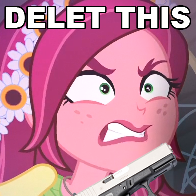 Size: 393x393 | Tagged: safe, banned from derpibooru, deleted from derpibooru, derpibooru import, edit, edited screencap, screencap, gloriosa daisy, equestria girls, legend of everfree, cropped, delet this, gun, meme, text, weapon