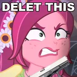 Size: 393x393 | Tagged: safe, banned from derpibooru, deleted from derpibooru, derpibooru import, edit, edited screencap, screencap, gloriosa daisy, equestria girls, legend of everfree, cropped, delet this, gun, meme, text, weapon