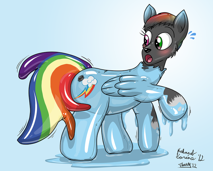 Size: 1280x1027 | Tagged: safe, banned from derpibooru, deleted from derpibooru, derpibooru import, edit, rainbow dash, oc, colored, furry, inflation, rubber, transformation