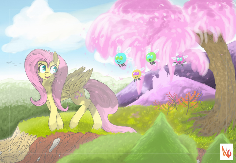 Size: 1471x1018 | Tagged: safe, artist:zaldia-mavi, banned from derpibooru, deleted from derpibooru, derpibooru import, fluttershy, parasprite, pony, looking back, scenery, smiling, solo, tree, walking