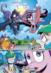 Size: 634x911 | Tagged: safe, artist:andypriceart, banned from derpibooru, deleted from derpibooru, derpibooru import, edit, idw, applejack, fluttershy, pinkie pie, princess celestia, princess luna, rainbow dash, starlight glimmer, twilight sparkle, alicorn, spoiler:comic50, comic, hasbro, text edit, twilight sparkle (alicorn)