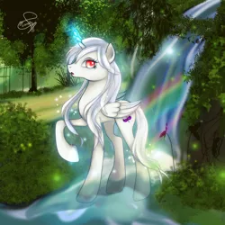 Size: 2000x2000 | Tagged: safe, artist:hanaty, banned from derpibooru, deleted from derpibooru, derpibooru import, oc, unofficial characters only, alicorn, pony, alicorn oc, forest, glowing horn, horn, solo, waterfall, wings