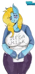 Size: 1024x2151 | Tagged: suggestive, artist:ponebooth, banned from derpibooru, deleted from derpibooru, derpibooru import, oc, oc:disorient, unofficial characters only, anthro, arm hooves, big breasts, blushing, breasts, clothes, erect nipples, female, image, letter, mega milk, meme, nipple outline, png, shirt, simple background, solo, white background