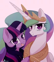 Size: 694x804 | Tagged: dead source, safe, artist:verawitch, banned from derpibooru, deleted from derpibooru, derpibooru import, princess celestia, twilight sparkle, twilight sparkle (alicorn), alicorn, pony, female, lesbian, looking at you, shipping, smiling, twilestia