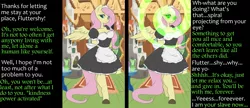 Size: 2800x1215 | Tagged: suggestive, artist:sugarcup, banned from derpibooru, deleted from derpibooru, derpibooru import, edit, editor:waverun, fluttershy, anthro, unguligrade anthro, breasts, captioned, cleavage, clothes, female, femdom, fetish, hooves, hypnosis, hypnosis edit, hypnosis fetish, looking at you, maid, manip, simple background, smiling, solo, spiral, spread wings, swirly eyes, text, wings
