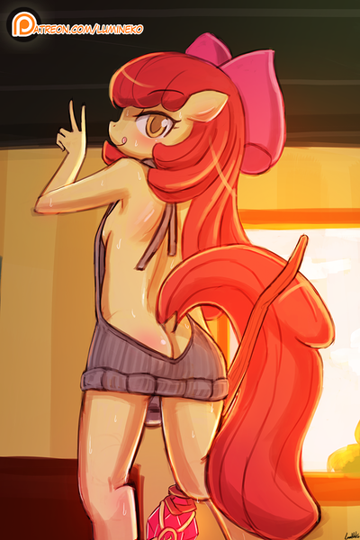 Size: 750x1125 | Tagged: suggestive, artist:lumineko, banned from derpibooru, deleted from derpibooru, derpibooru import, ponybooru import, apple bloom, anthro, earth pony, backless, blushing, bottomless, bow, clothes, female, hair bow, image, lolicon, looking at you, no panties, open-back sweater, partial nudity, peace sign, png, scepter, sleeveless, sleeveless sweater, solo, solo female, staff, sweat, sweater, underage, virgin killer sweater
