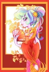 Size: 735x1085 | Tagged: safe, artist:jumblehorse, banned from derpibooru, deleted from derpibooru, derpibooru import, philomena, princess celestia, equestria girls, alternate hairstyle, cheongsam, chinese new year, clothes, dress, fan, ponytail, principal celestia