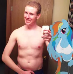 Size: 604x608 | Tagged: safe, artist:angel-wing101, banned from derpibooru, deleted from derpibooru, derpibooru import, rainbow dash, anthro, human, breasts, busty rainbow dash, irl, irl human, mobile phone, muscles, phone, photo, smartphone, why, workout