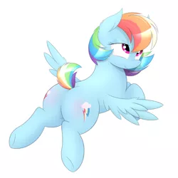 Size: 2000x2000 | Tagged: dead source, safe, artist:onlytheponies, banned from derpibooru, deleted from derpibooru, derpibooru import, rainbow dash, alternate hairstyle, butt, butt blush, plot, short mane, short tail, simple background, solo, white background