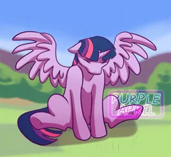 Size: 1280x1179 | Tagged: safe, artist:feellikeaplat, banned from derpibooru, deleted from derpibooru, derpibooru import, twilight sparkle, twilight sparkle (alicorn), alicorn, pony, bunny sitting, cute, eyes closed, floppy ears, grass, sitting, solo, spread wings, twiabetes, watermark, wings