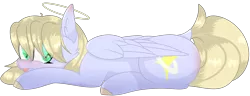 Size: 3884x1496 | Tagged: safe, artist:popcornhorns, banned from derpibooru, deleted from derpibooru, derpibooru import, oc, unofficial characters only, pegasus, pony, blushing, female, halo, mare, prone, simple background, solo, transparent background