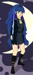 Size: 1500x3400 | Tagged: safe, artist:php101, banned from derpibooru, deleted from derpibooru, derpibooru import, princess luna, human, boots, clothes, cutie mark background, humanized, shoes, solo, sword, torn clothes, uniform, weapon