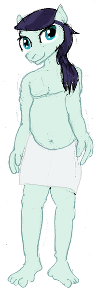 Size: 269x789 | Tagged: safe, artist:nastipone, banned from derpibooru, deleted from derpibooru, derpibooru import, coloratura, anthro, plantigrade anthro, belly button, looking at you, rule 63, simple background, smiling, solo, tessiture, towel, white background