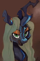 Size: 1242x1920 | Tagged: safe, artist:eiinhornis, banned from derpibooru, deleted from derpibooru, derpibooru import, queen chrysalis, changeling, changeling queen, bedroom eyes, bust, fangs, female, image, licking, licking lips, looking at you, open mouth, png, scales, shiny, signature, solo, tongue out