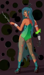 Size: 2000x3400 | Tagged: suggestive, artist:php101, banned from derpibooru, deleted from derpibooru, derpibooru import, queen chrysalis, changeling, human, ass, bugbutt, butt, clothes, dagger, ear piercing, earring, elf ears, humanized, jewelry, leotard, looking back, piercing, shapeshifting, solo, weapon