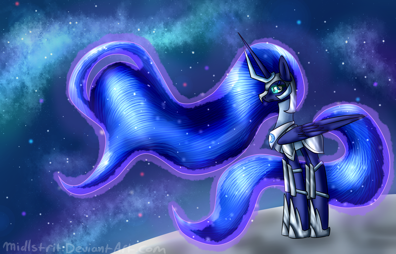 Size: 2500x1600 | Tagged: safe, artist:midlstrit, banned from derpibooru, deleted from derpibooru, derpibooru import, princess luna, alicorn, pony, armor, moon, solo, space, stars