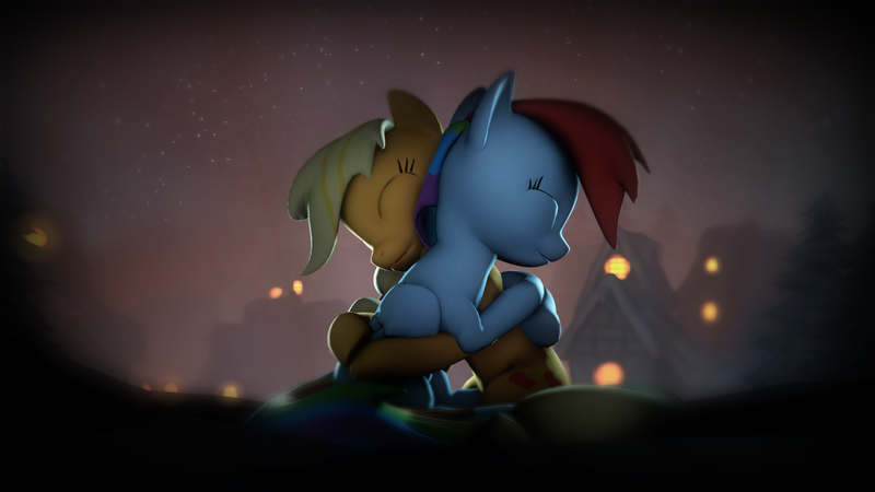 Size: 3840x2160 | Tagged: safe, artist:wintergleam, banned from derpibooru, deleted from derpibooru, derpibooru import, applejack, rainbow dash, pony, 3d, appledash, eyes closed, female, hug, lesbian, lights, night, ponyville, shipping, sitting, stars