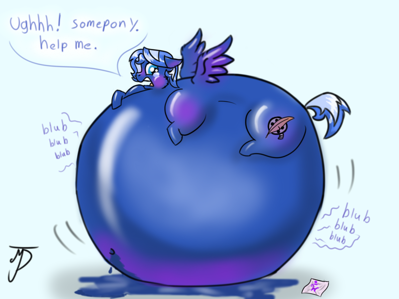 Size: 1024x768 | Tagged: safe, artist:takutanuvataio, banned from derpibooru, deleted from derpibooru, derpibooru import, oc, oc:arty quill, unofficial characters only, belly, belly bed, big belly, blueberry inflation, dialogue, food, gum, huge belly, impossibly large belly, inflation, juice, male, simple background, solo, spread wings, stomach noise, story included, wings, worried