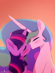 Size: 970x1291 | Tagged: safe, artist:verawitch, banned from derpibooru, deleted from derpibooru, derpibooru import, princess celestia, twilight sparkle, alicorn, pony, unicorn, blushing, eyes closed, female, gradient background, kissing, lesbian, shipping, smiling, twilestia