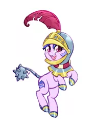 Size: 765x1020 | Tagged: safe, artist:jumblehorse, banned from derpibooru, deleted from derpibooru, derpibooru import, sea swirl, seafoam, pony, luna eclipsed, 30 minute art challenge, bipedal, clothes, costume, fantasy class, female, helmet, knight, looking at you, mare, morning star, nightmare night costume, simple background, smiling, solo, warrior, weapon, white background