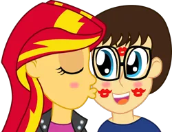 Size: 1588x1217 | Tagged: safe, artist:nupiethehero, banned from derpibooru, deleted from derpibooru, derpibooru import, sunset shimmer, oc, oc:brandon hackwith, equestria girls, blushing, canon x oc, female, glasses, kiss mark, kissing, lipstick, male, shipping, straight