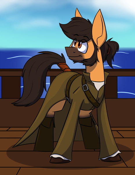 Size: 1408x1812 | Tagged: safe, artist:raeligath, banned from derpibooru, deleted from derpibooru, derpibooru import, oc, oc:flintlock, unofficial characters only, earth pony, captain, clothes, cloud, gift art, male, ocean, ship, sky, solo, stallion