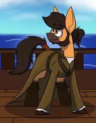 Size: 1408x1812 | Tagged: safe, artist:raeligath, banned from derpibooru, deleted from derpibooru, derpibooru import, oc, oc:flintlock, unofficial characters only, earth pony, captain, clothes, cloud, gift art, male, ocean, ship, sky, solo, stallion