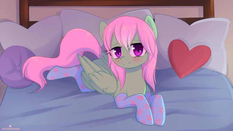 Size: 1280x720 | Tagged: safe, artist:verawitch, banned from derpibooru, deleted from derpibooru, derpibooru import, oc, oc:spectral wind, unofficial characters only, pegasus, pony, bed, blushing, clothes, female, heart, mare, pillow, prone, smiling, socks, solo, stockings, thigh highs