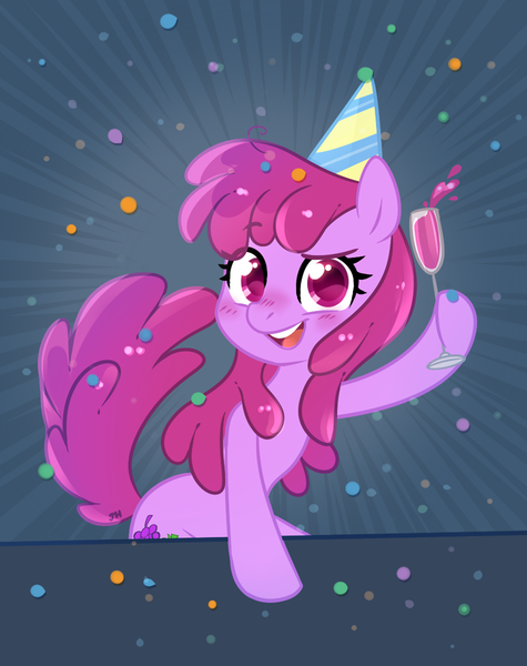 Size: 760x960 | Tagged: safe, artist:jumblehorse, banned from derpibooru, deleted from derpibooru, derpibooru import, berry punch, berryshine, 30 minute art challenge, alcohol, anniversary, blushing, confetti, glass, hat, party hat, solo, tumblr, wine, wine glass