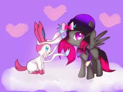 Size: 800x600 | Tagged: safe, artist:hanaty, banned from derpibooru, deleted from derpibooru, derpibooru import, oc, unofficial characters only, pegasus, pony, sylveon, beanie, clothes, cloud, colored pupils, crossover, hat, heart, looking at you, on a cloud, pokémon, scarf